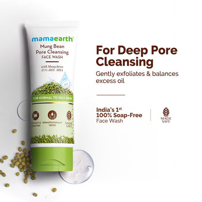 Mamaearth Mung Bean Pore Cleansing Face Wash with Mung Bean, AHA & BHA - 100 ml | For Normal to Oily Skin | India's 1st 100% Soap-Free Face Wash for Deep Pore Cleansing | Made Safe Certified | Oil Control | Tan Removal
