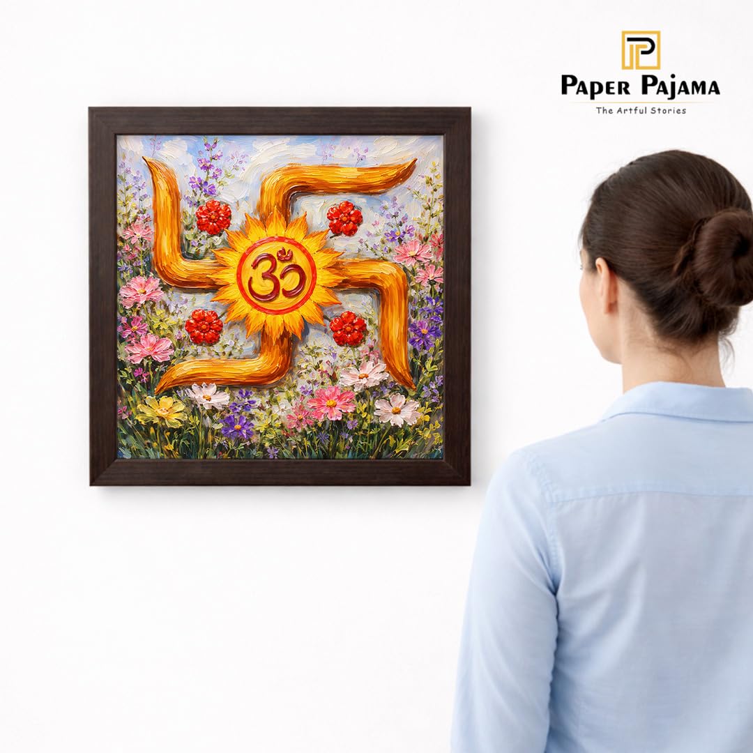 Swastik Om Floral Vastu Sacred Hindu Spiritual Mandir Religious Auspicious Traditional Indian Framed Poster Artwork Decor Painting