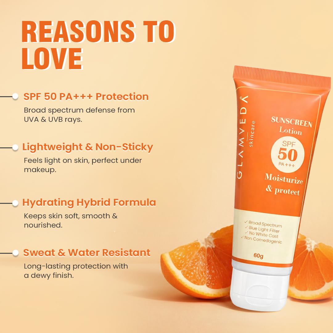 Glamveda Hybrid Sunscreen Lotion Spf 50 PA+++ for Moisturize & Protect | Transparent & Ultra-lightweight Sunscreen | Non-Greasy, Quick-Absorbing | Zero White Cast | For Women & Men | 60ml Pack of 1