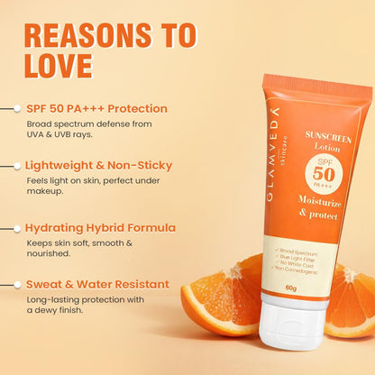 Glamveda Hybrid Sunscreen Lotion SPF 50 PA+++ | 60g | Transparent & Ultra-lightweight Sunscreen | Non-Greasy, Quick-Absorbing | Zero White Cast, All Skin Types | for Men & Women