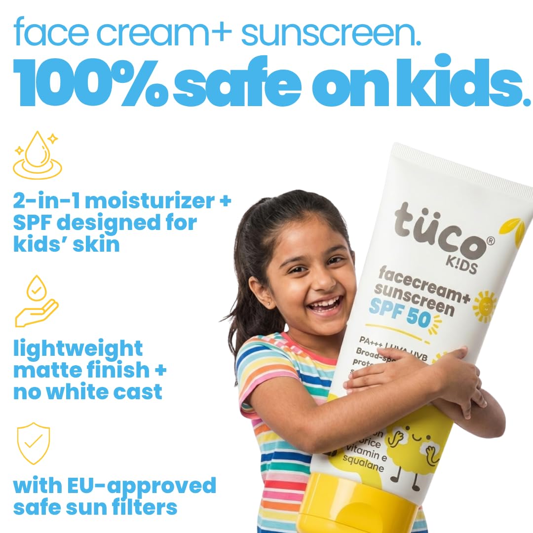 Girl holding a tube of tüco Kids face cream and sunscreen with product features listed.