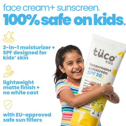 Girl holding a tube of tüco Kids face cream and sunscreen with product features listed.