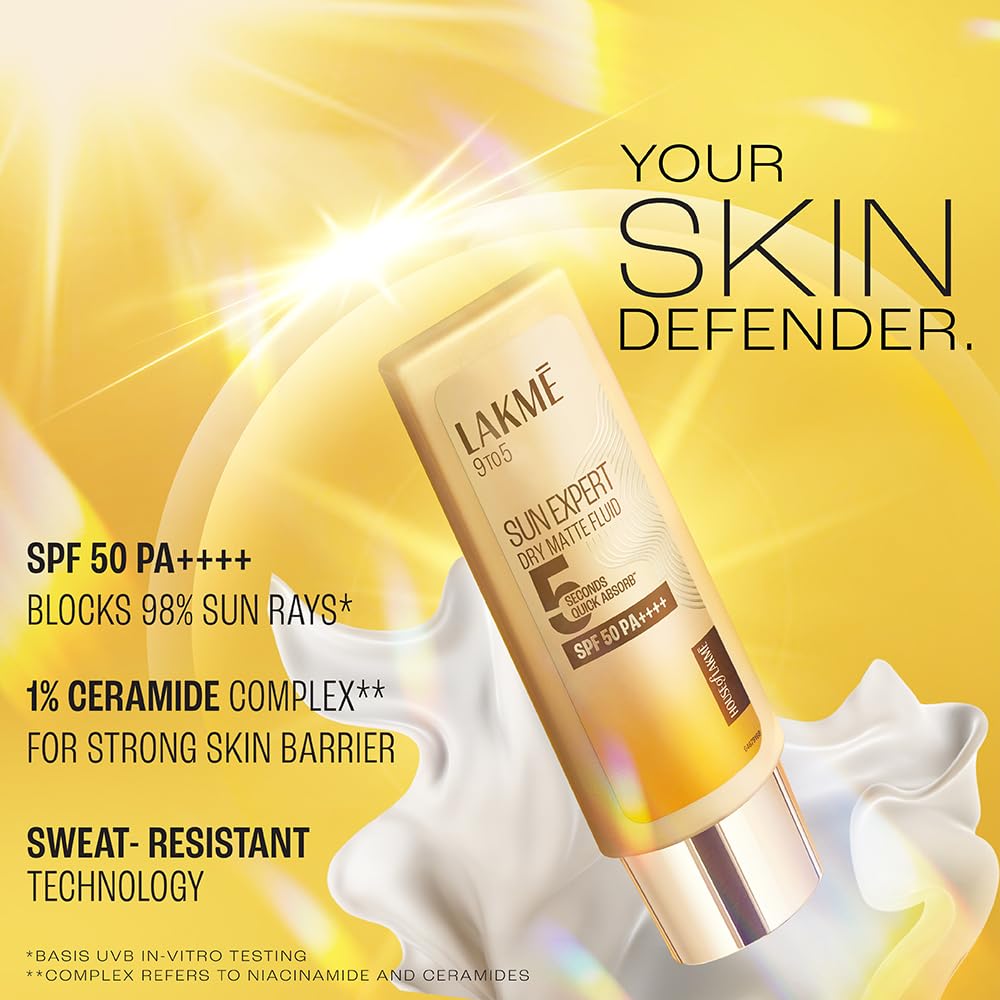 Lakme sunscreen bottle with product details on a yellow background