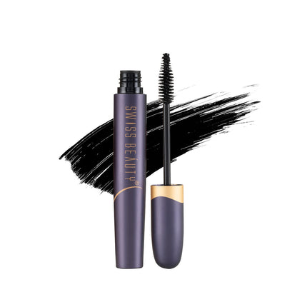 Mascara with black wand and purple tube on a white background