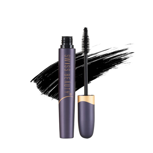 Mascara with black wand and purple tube on a white background