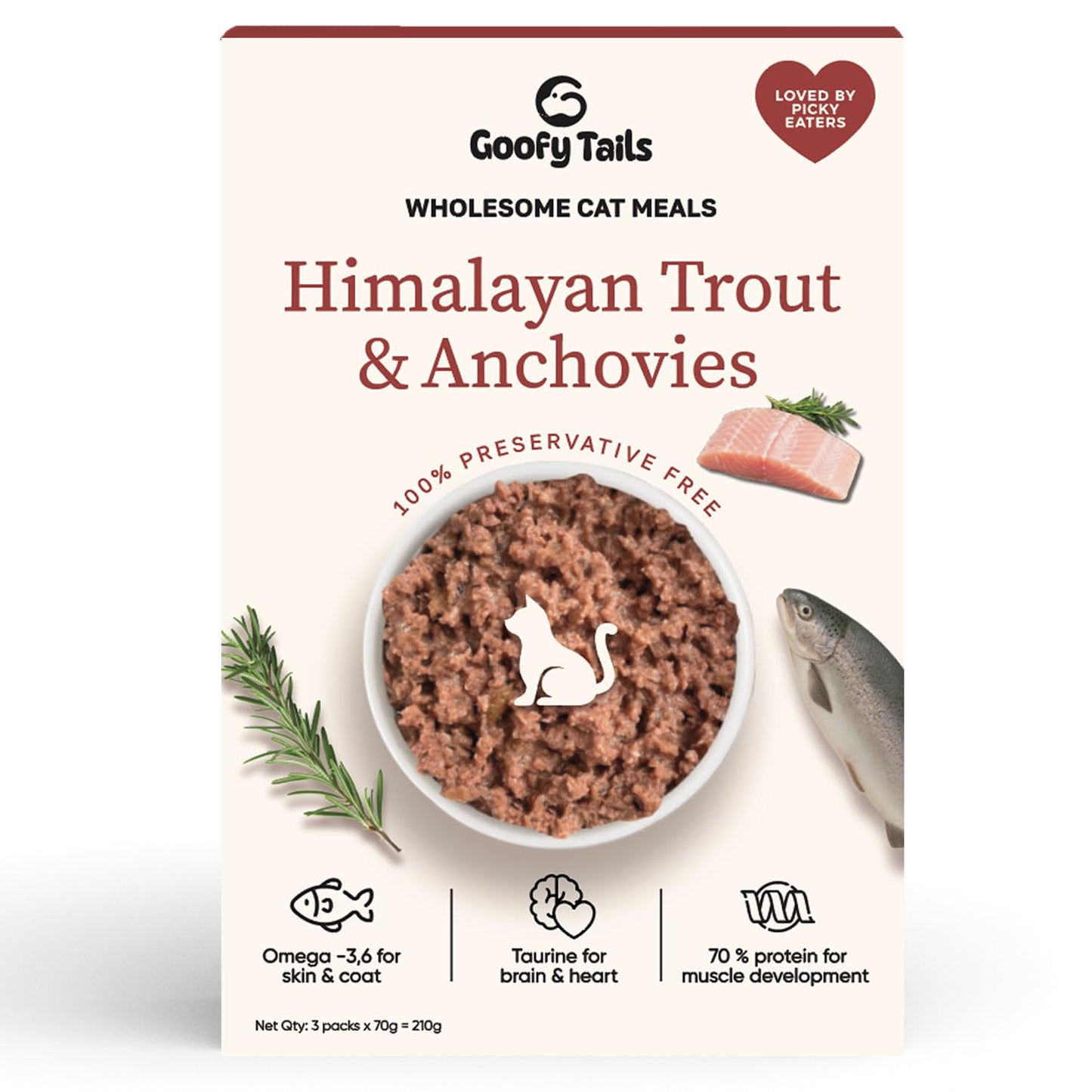 Goofy Tails Himalayan Trout & Anchovies Cat Food 210g (70g X 3Pouches) | Grain & Gluten Free | Preservative Free | High Protein | with Taurine, Omega 3 & Antioxidants | for Cats & Kittens