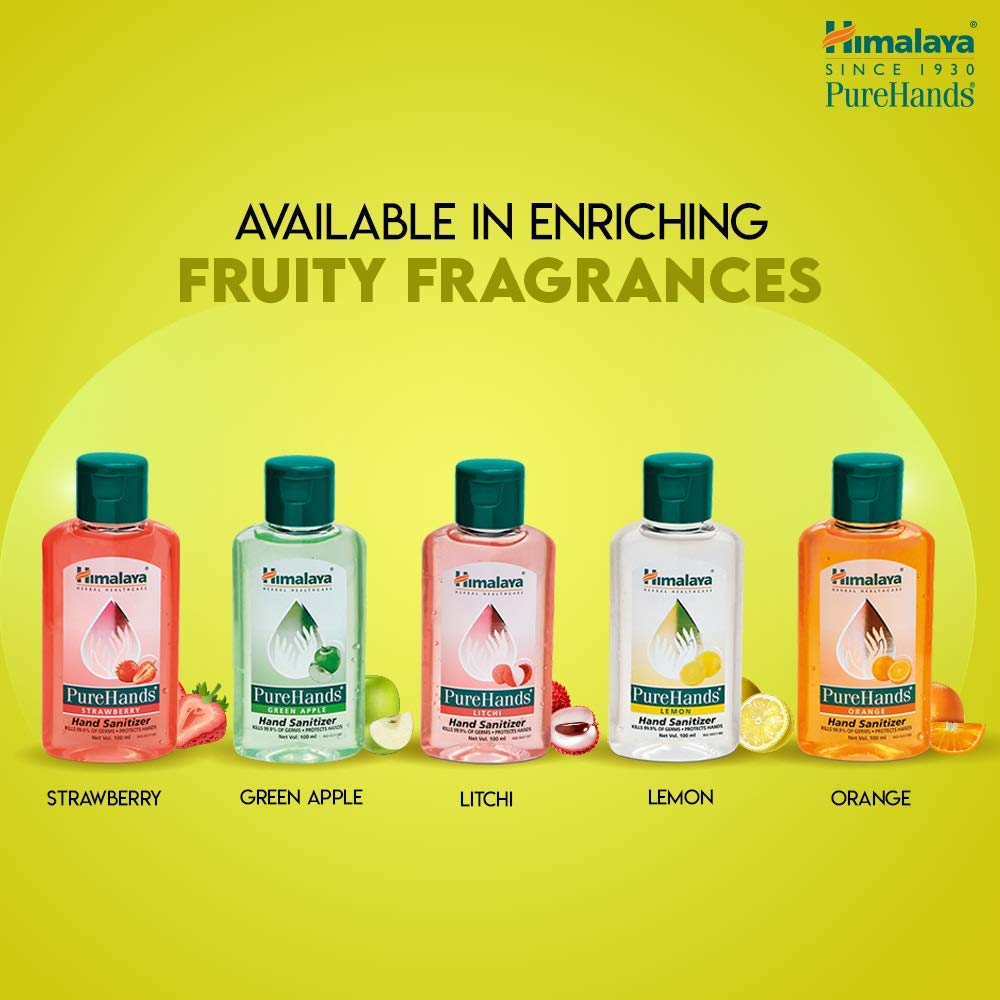 Himalaya PureHands hand sanitizer bottles in various flavors on a yellow background