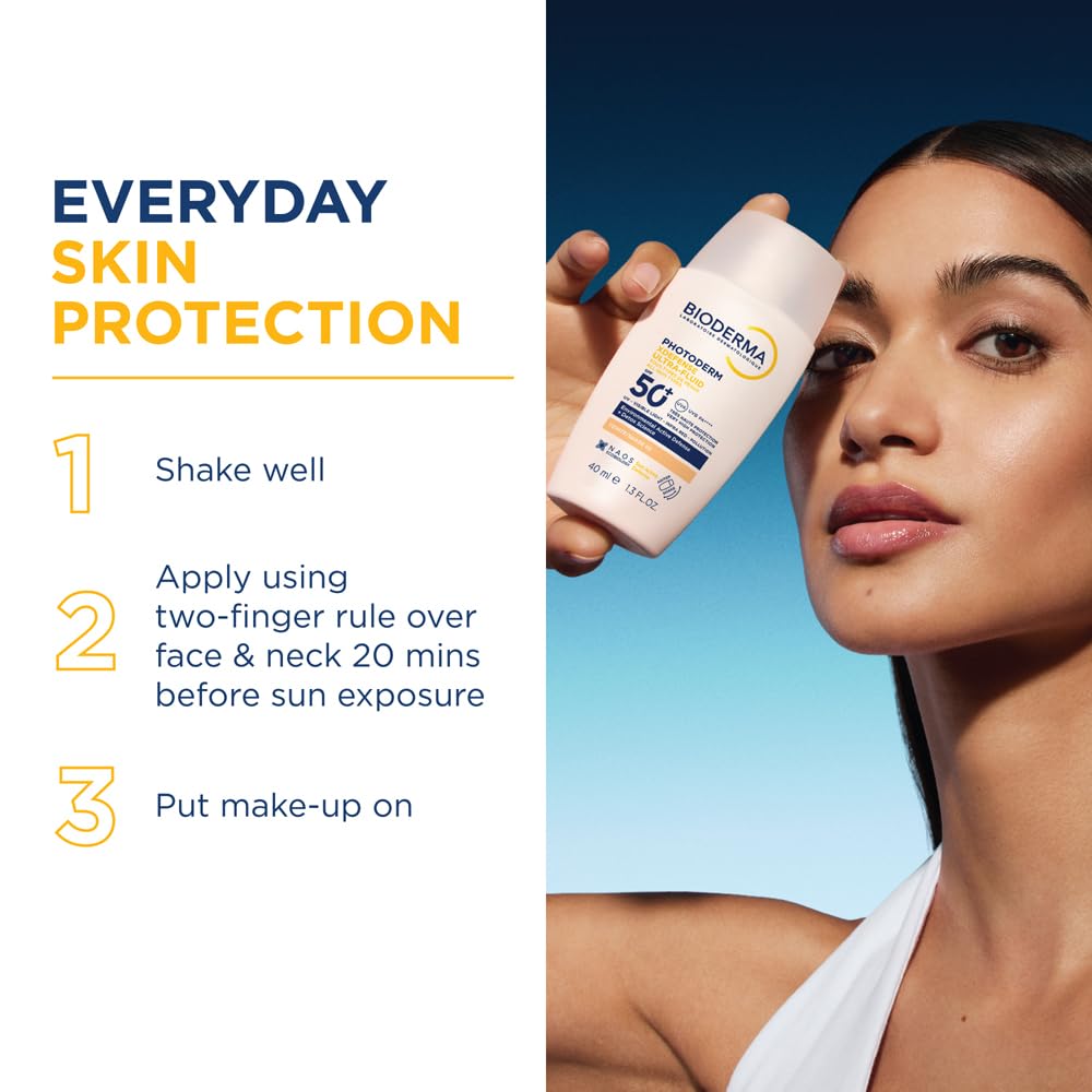 Bioderma sunscreen bottle with a woman applying it, labeled 'Everyday Skin Protection'.