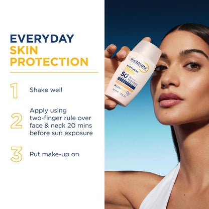 Bioderma sunscreen bottle with a woman applying it, labeled 'Everyday Skin Protection'.