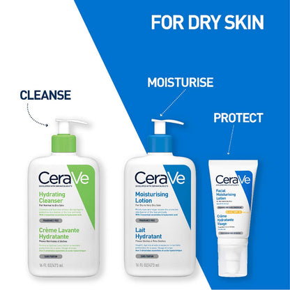 CeraVe skincare products for dry skin with labels for cleanse, moisturize, and protect on a blue and white background.