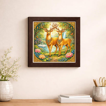 Golden Deer Pair Money Vastu Prosperity Luck Harmony Nature Sacred Framed Poster Artwork Decor Painting