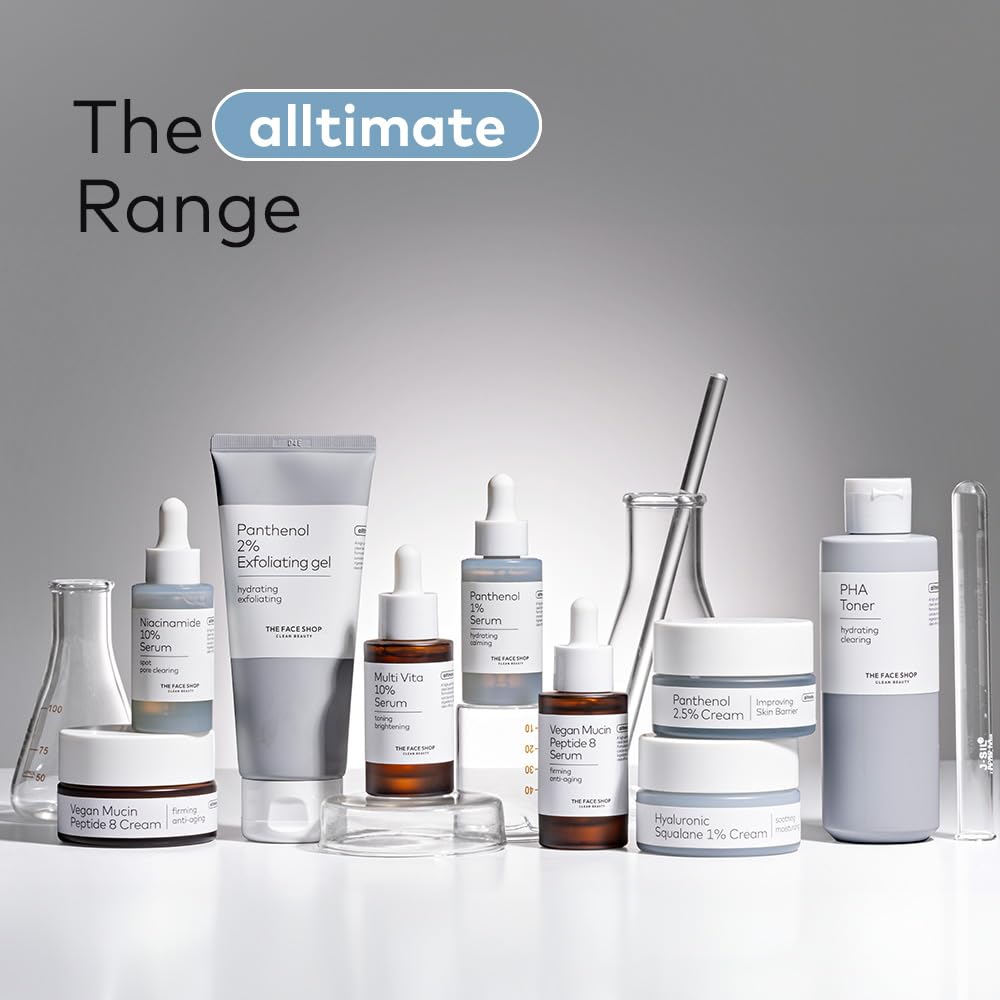 Collection of skincare products with 'alltime' branding on a gray background