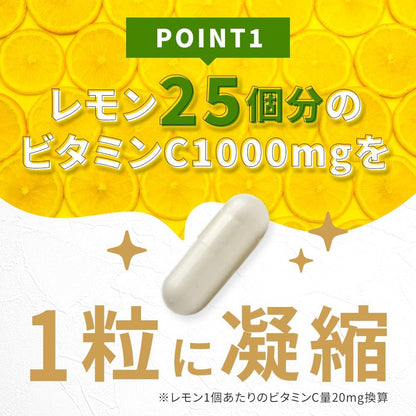 Vitamin C supplement capsule with lemon slices and text on a yellow background