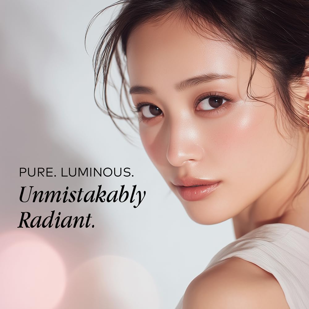 Close-up of a person with text 'PURE. LUMINOUS. Unmistakably Radiant.'