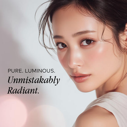 Close-up of a person with text 'PURE. LUMINOUS. Unmistakably Radiant.'