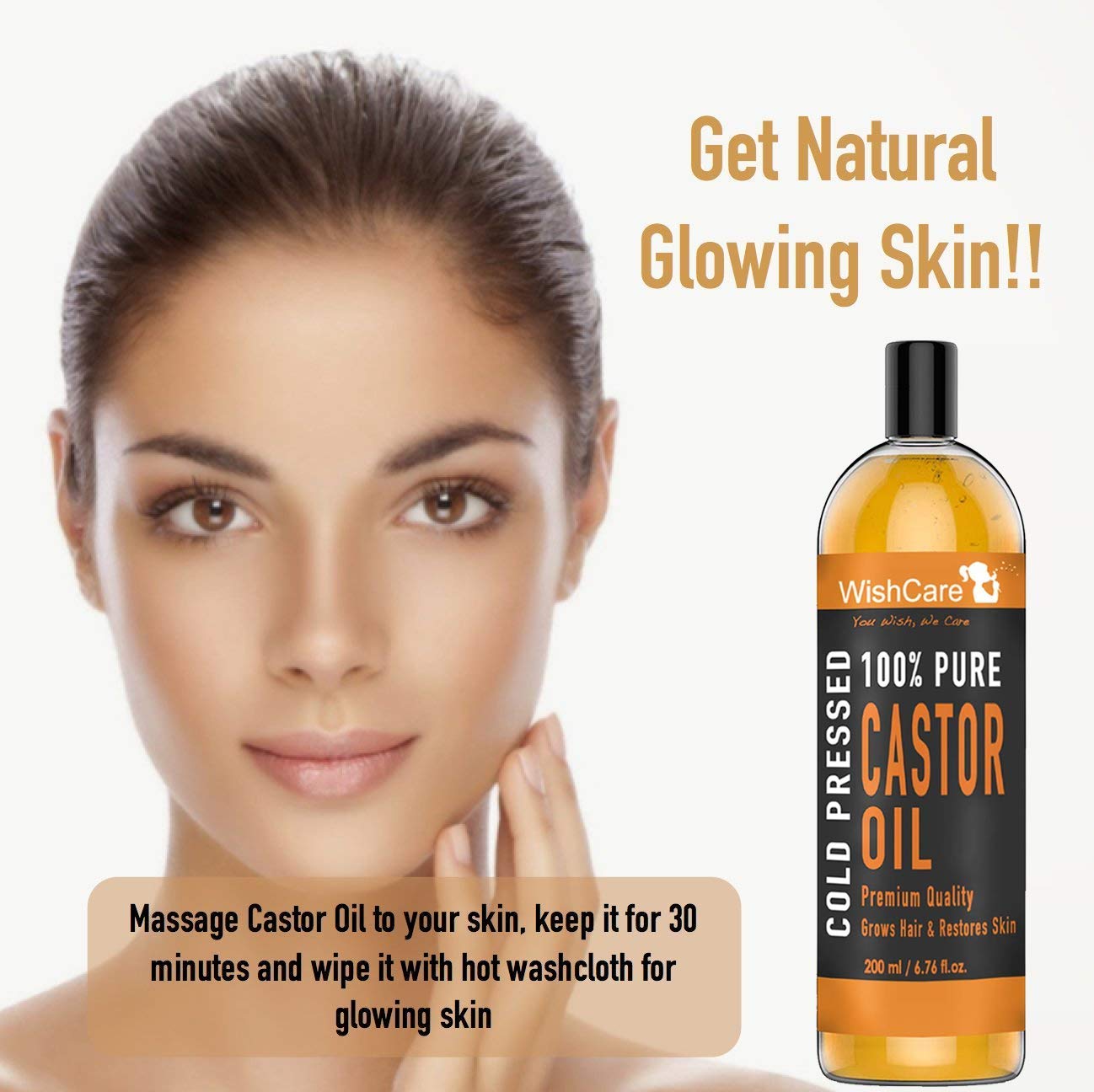 Woman with glowing skin next to a bottle of WishCare Castor Oil with text on natural skincare benefits.