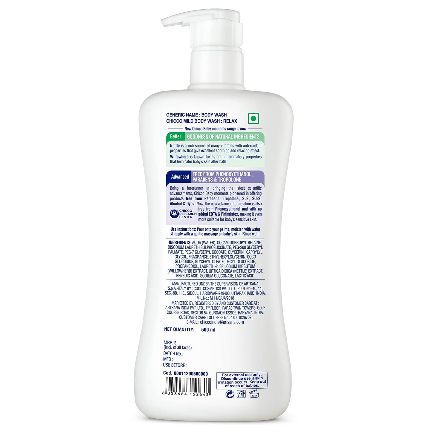 Chicco Baby Moments Mild Body Wash Relax, New Advanced Formula with Natural Ingredients, No Tears & Soap-Free, Mild formula for Baby’s Body & Face Wash, No Phenoxyethanol and Parabens (500ml)