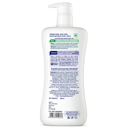 Chicco Baby Moments Mild Body Wash Relax, New Advanced Formula with Natural Ingredients, No Tears & Soap-Free, Mild formula for Baby’s Body & Face Wash, No Phenoxyethanol and Parabens (500ml)