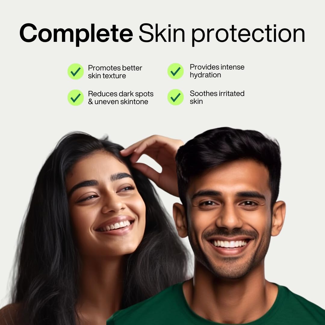Two people with text on complete skin protection benefits on a gray background