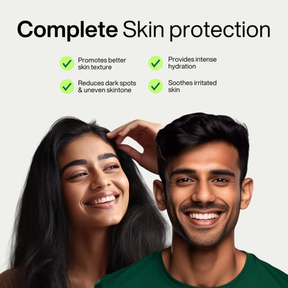 Two people with text on complete skin protection benefits on a gray background