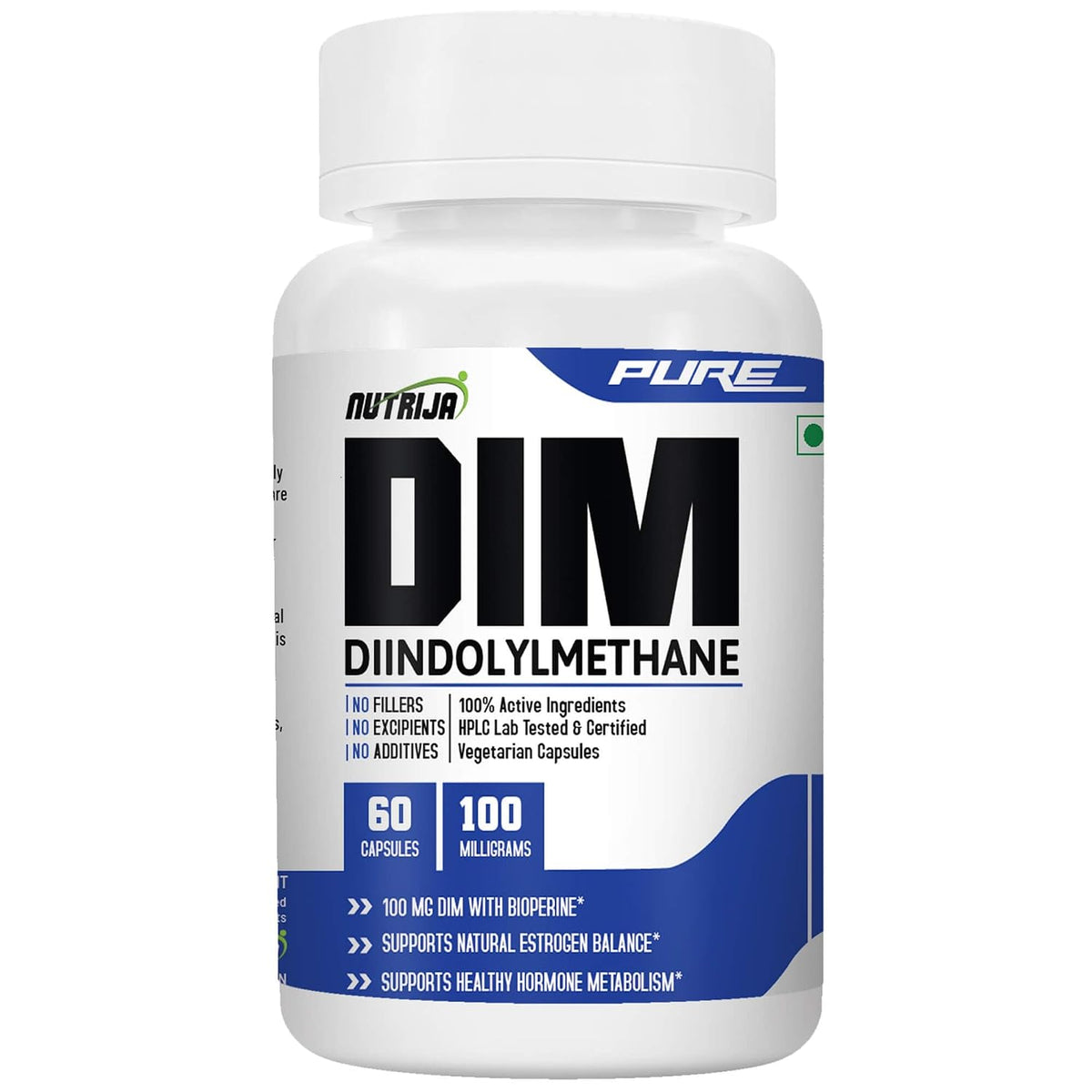 NutriJa Pure DIM 100mg with BioPerine - 60 Veg Capsules | High Potency Estrogen Metabolism Support & Natural Hormone Balance | No Fillers | No Excipients | No Additives