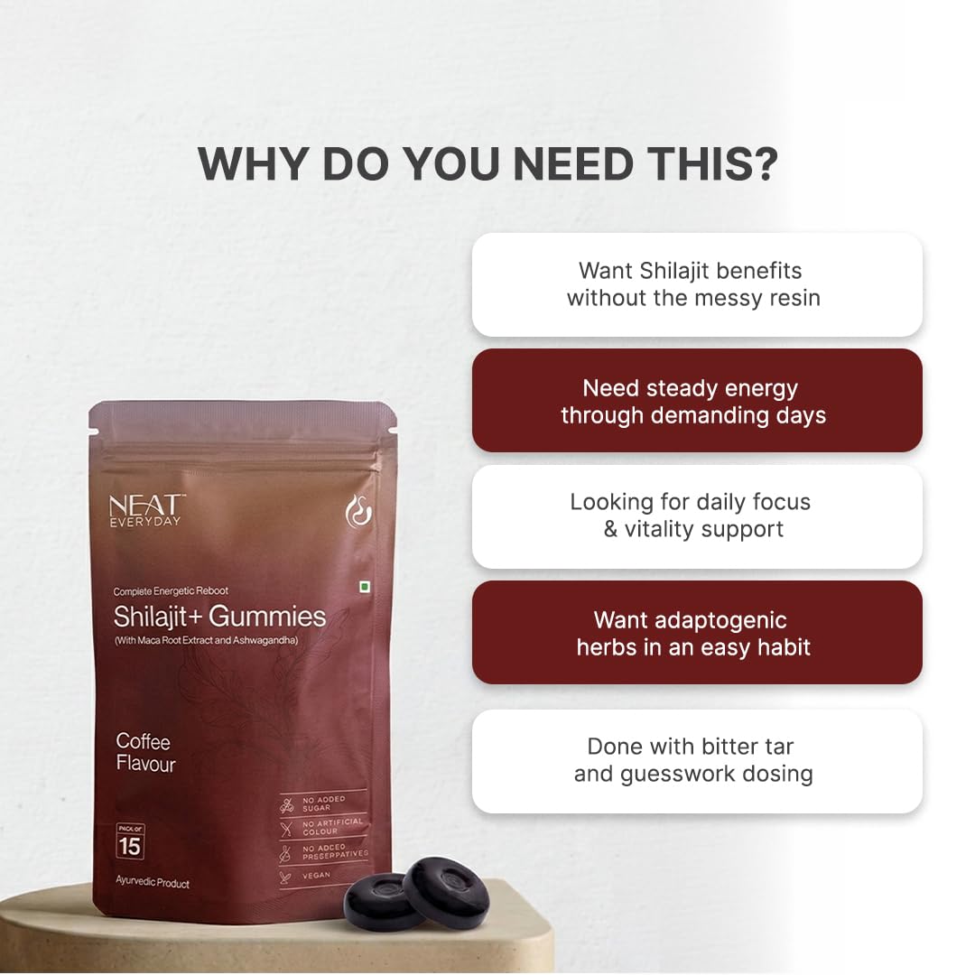 NEAT EVERYDAY Shilajit+ Gummies with Maca Root Extract & Ashwagandha | Coffee Flavour | No Added Sugar | Vegan | No Artificial Colour & Preservatives | Ayurvedic Supplement | Pack of 15 Gummies