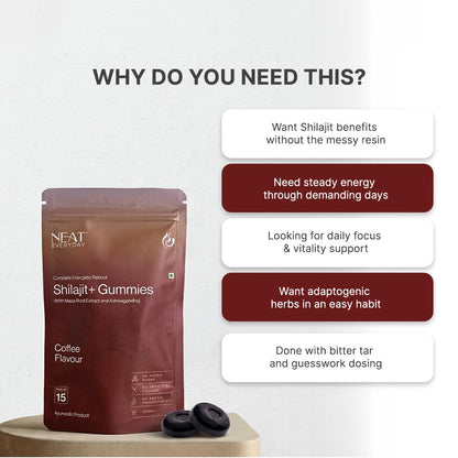 NEAT EVERYDAY Shilajit+ Gummies with Maca Root Extract & Ashwagandha | Coffee Flavour | No Added Sugar | Vegan | No Artificial Colour & Preservatives | Ayurvedic Supplement | Pack of 15 Gummies