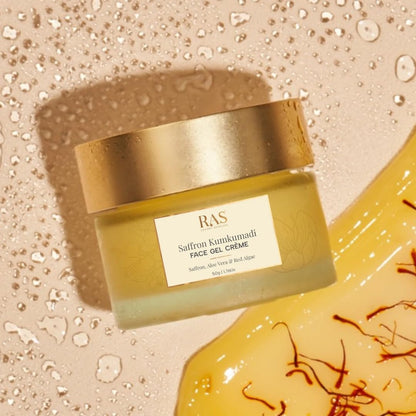 Ras Luxury Oils Saffron Kumkumadi Face Gel Creme with Aloe Vera & Red Algae | Enhances Natural Radiance | Brightening Moisturizing Cream | Light weight & Non-greasy Moisturizer For All Skin Type, 50gm