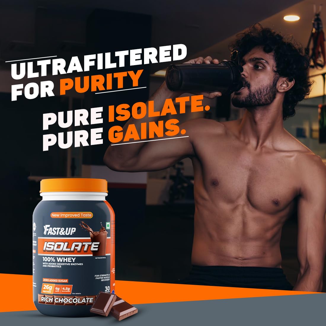 Fast&Up 100% Pure European Whey Protein Isolate, Ultralow Carbs | 30 Servings | 26g Protein per serve | Low Lactose & Gluten Free | Fast Acting, No Bloating - Rich Chocolate Flavour