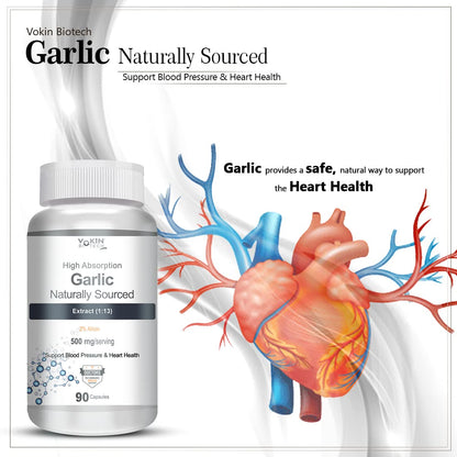 Garlic supplement bottle with heart and血管 illustration on a white background