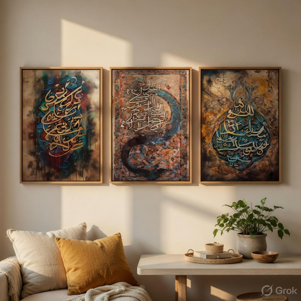 Islamic Calligraphy Wall Painting Set of 3 with Wooden Frames | Arabic Quranic Calligraphy Islamic Wall Art | HD Sparkle Printed MDF Wall Decor for Living Room, Bedroom & Prayer Room