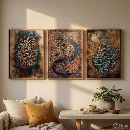 Islamic Calligraphy Wall Painting Set of 3 with Wooden Frames | Arabic Quranic Calligraphy Islamic Wall Art | HD Sparkle Printed MDF Wall Decor for Living Room, Bedroom & Prayer Room