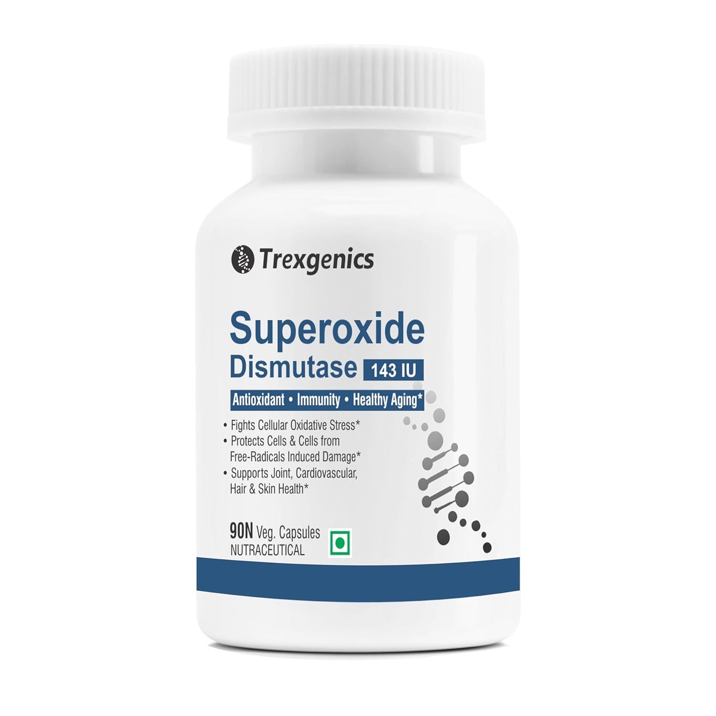 Trexgenics Superoxide Dismutase supplement bottle on a white background