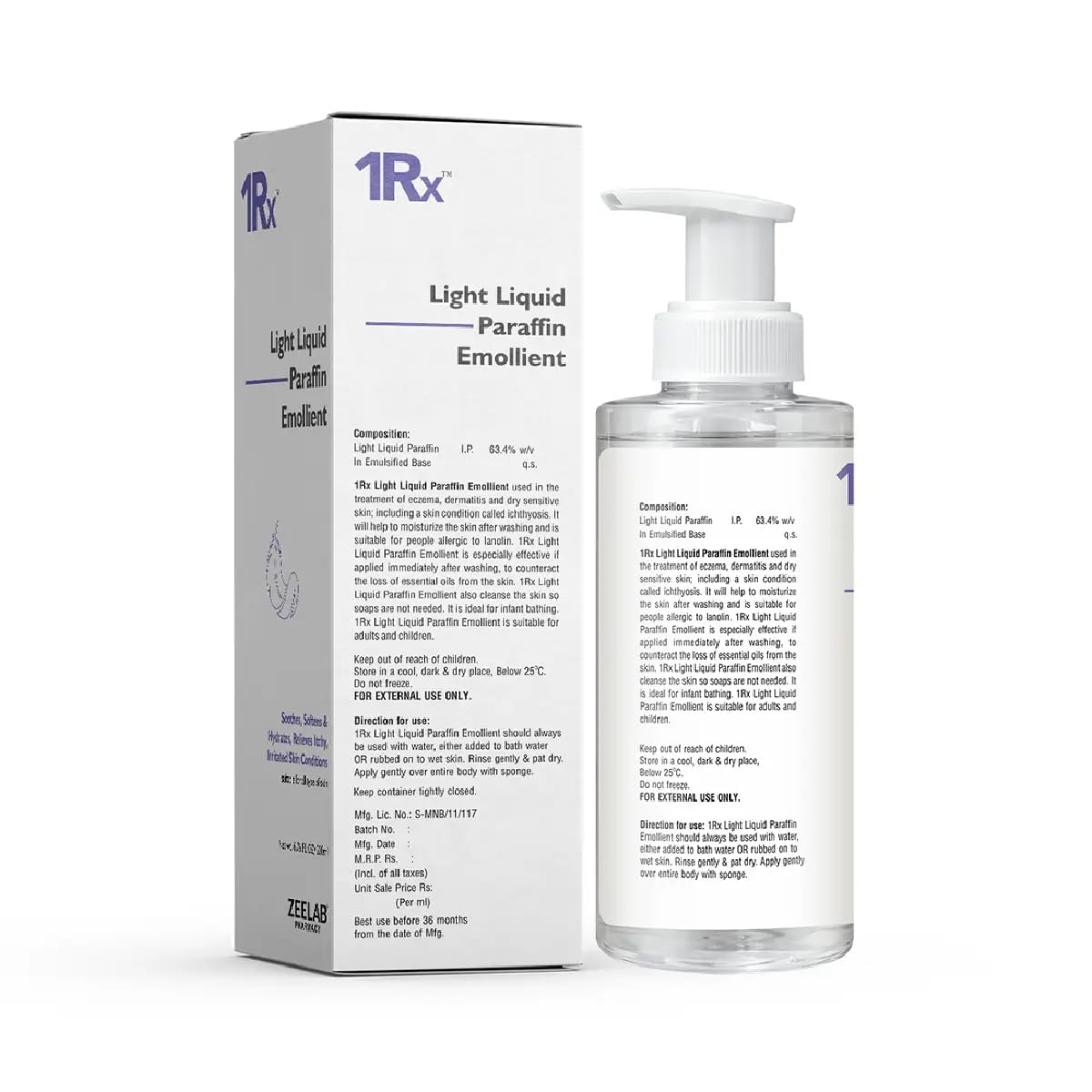 1Rx Light Liquid Paraffin Emollient bottle and packaging on a white background