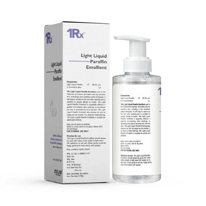 1Rx Light Liquid Paraffin Emollient bottle and packaging on a white background