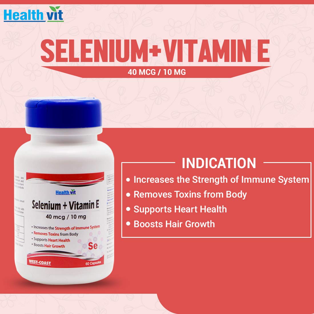 Healthvit Selenium + Vitamin E supplement bottle on a red background with product details.