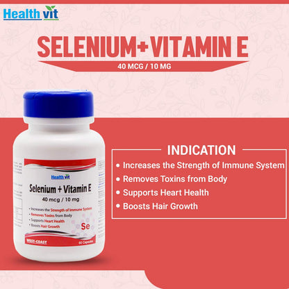 Healthvit Selenium + Vitamin E supplement bottle on a red background with product details.