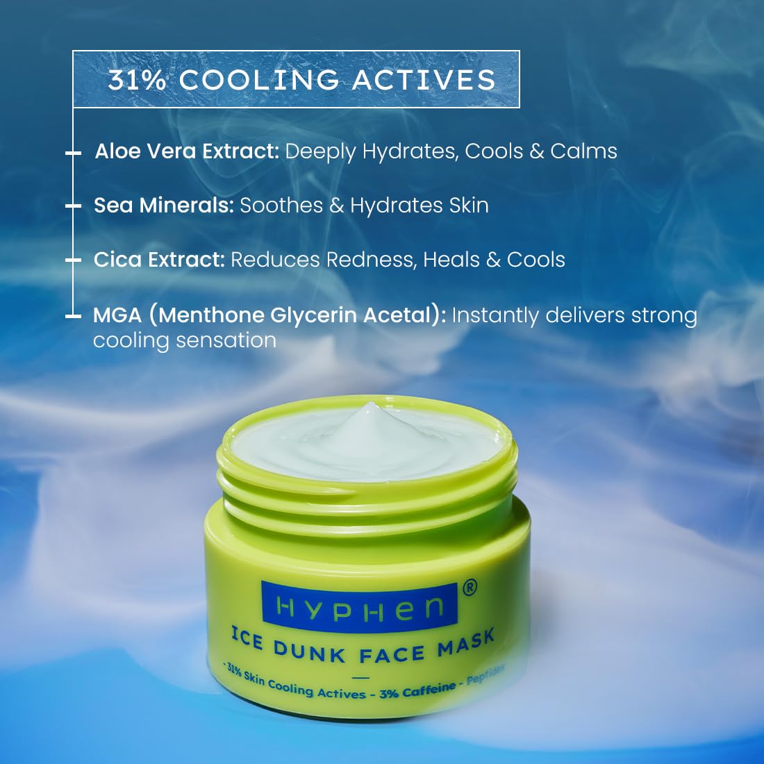 Hyphen Ice Dunk Face Mask jar with cooling active ingredients listed on a blue background