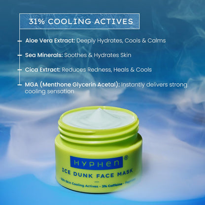 Hyphen Ice Dunk Face Mask jar with cooling active ingredients listed on a blue background