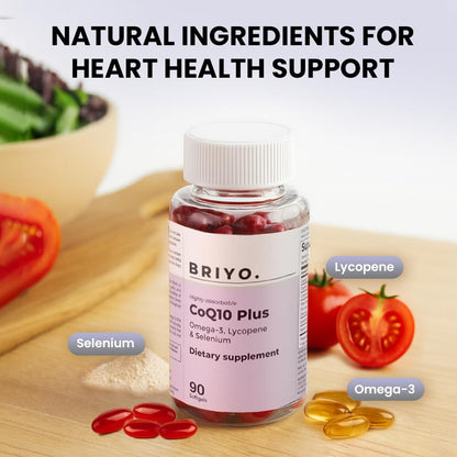 Briyo CoQ10 Plus dietary supplement bottle with natural ingredients on a wooden surface