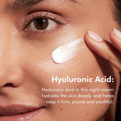 Woman applying night cream to her face with text about hyaluronic acid benefits.
