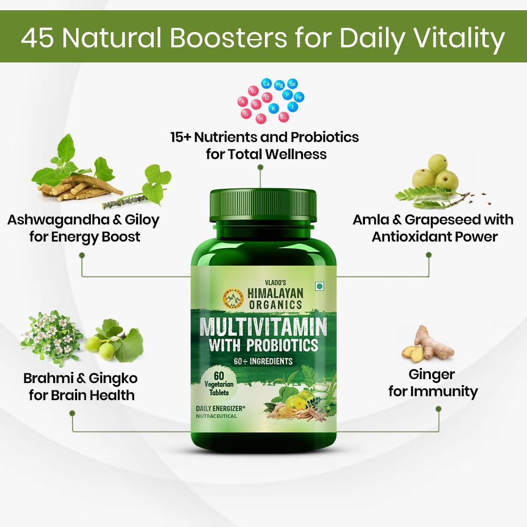 Vlado’s Himalayan Organics Multivitamin Tablets for Men & women With Probiotics - 60+ Ingredients multi Vitamins Supplement For Men And Women | VItamin B1,B2,B3,B5,B6B9,B12,C,E,A,K2,D Magneisum with 5B CFU Probiotic Blends 60 Veg Tablets