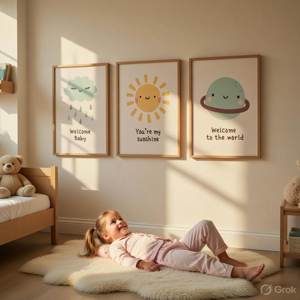 Baby Nursery Wall Painting Set of 3 with Wooden Frames | Cute Cloud Sun Planet Kids Room Wall Art | HD Sparkle Printed MDF Cartoon Wall Decor for Nursery, Baby Room & Kids Bedroom