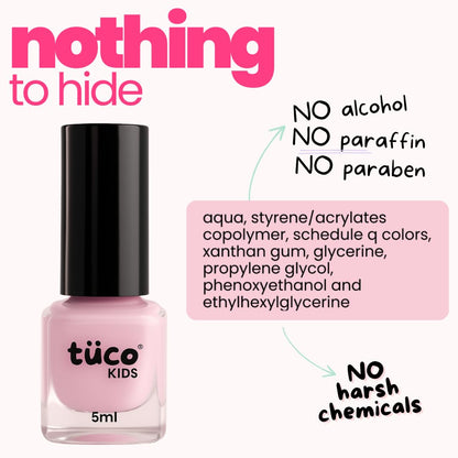 Pink nail polish bottle with black cap on a white background, featuring text about product ingredients and safety.