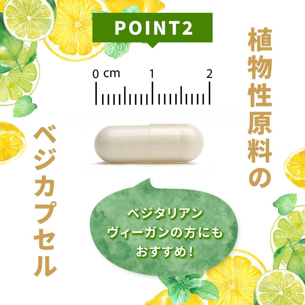 Capsule with a ruler for scale, surrounded by lemon and lime illustrations, and Japanese text.