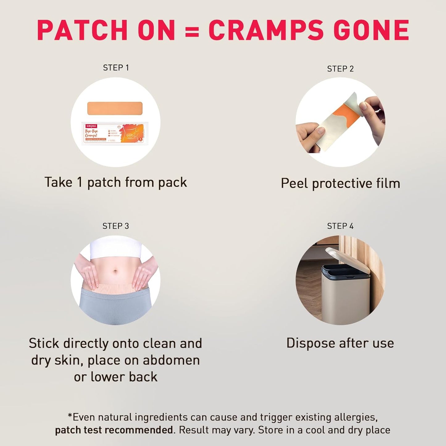 Instructions for using a cramp relief patch with steps and illustrations.