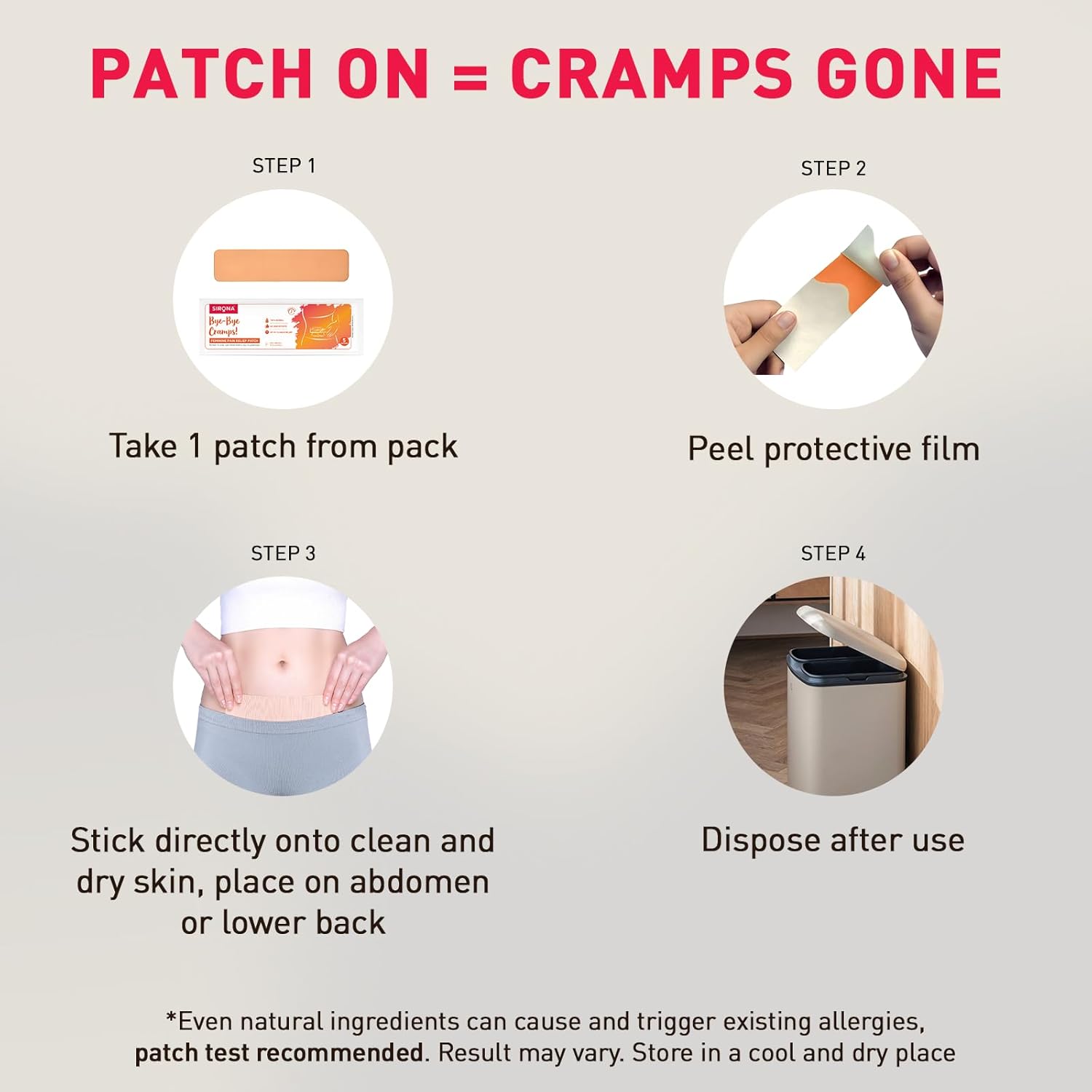Instructions for using a cramp relief patch with steps and illustrations.