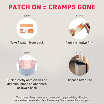 Instructions for using a cramp relief patch with steps and illustrations.