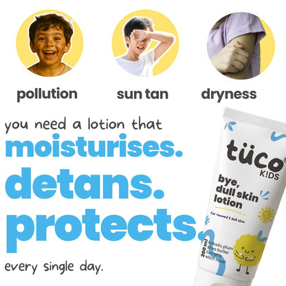 Tuco Kids Dull Skin Body Lotion, Turmeric & Kakadu Plum, 200ml | Vitamin C-Rich Kakadu Plum Reduces Tan. Shea Butter Nourishes. SLS & Paraben Free. Non-Greasy Daily Moisturizer.