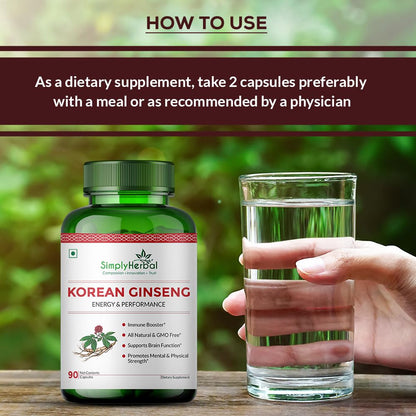 Simply Herbal Korean Red Ginseng 1000mg – 90 Veg Capsules | Energy, Vitality & Stamina Support | Herbal Adaptogen Supplement for Men & Women